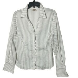 White Striped Button-Up Shirt,frill,fitted,secretary, librarian,v neck,office,GC